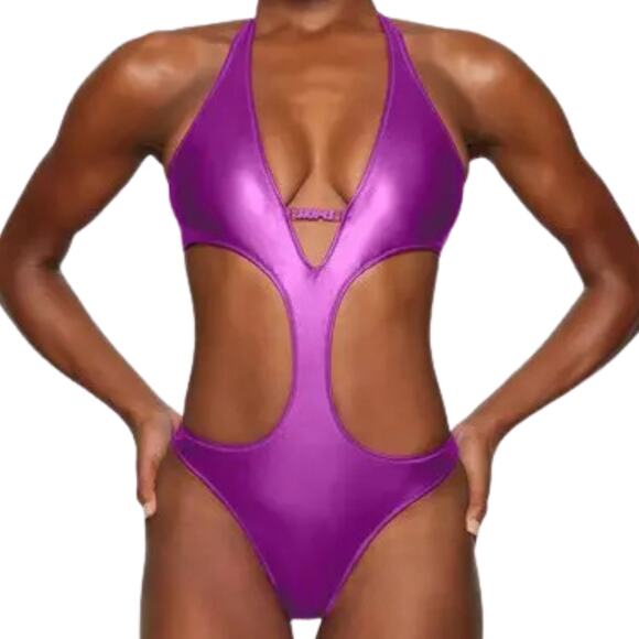 SKIMS Metallic Halter Monokini Swimsuit Dragon Fruit – Size Medium – NWT - Picture 1 of 10